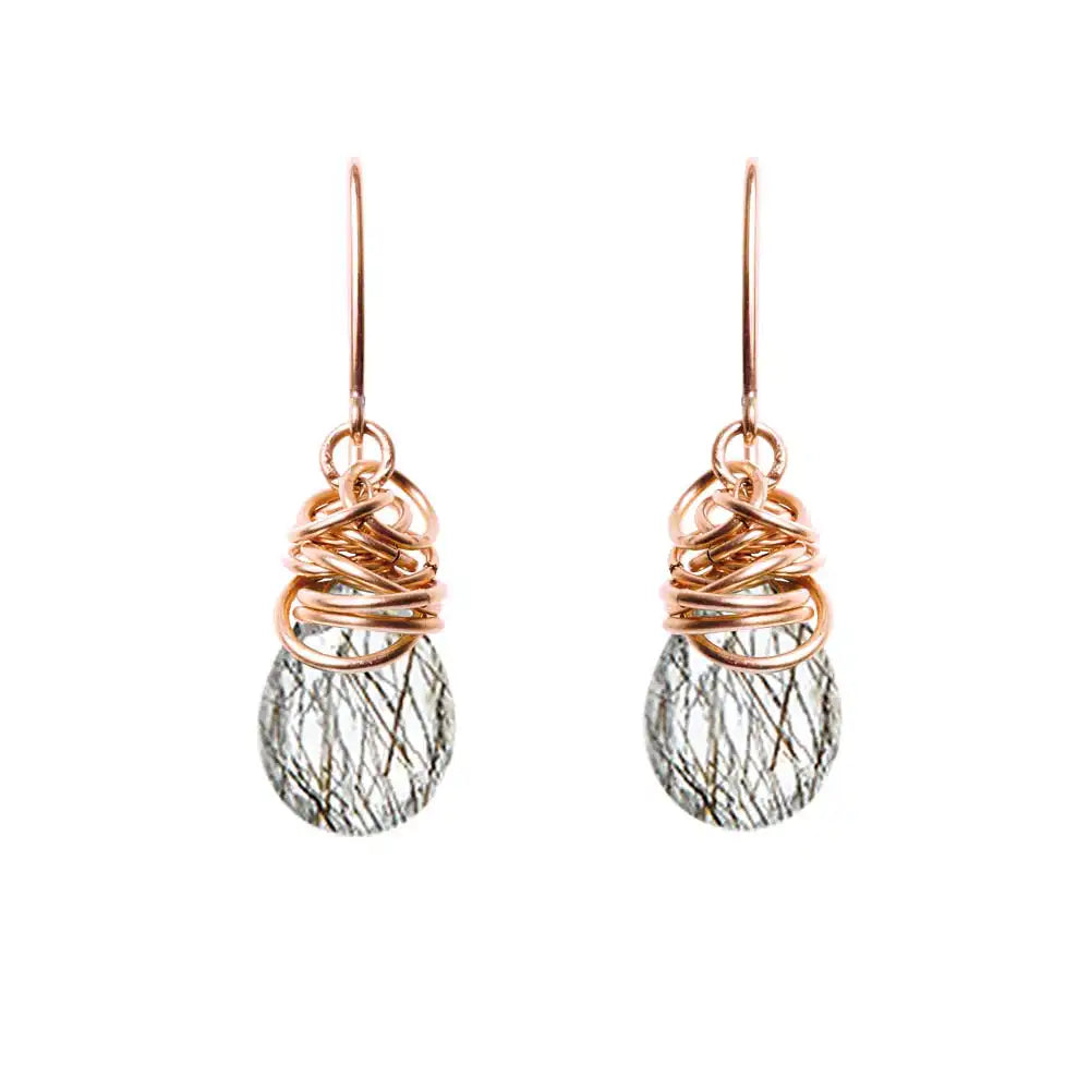 Rutilated quartz dangle earrings in rose gold-fill, crystal with copper-tone rutile needles in blush gold setting variant--Rose-Gold-fill