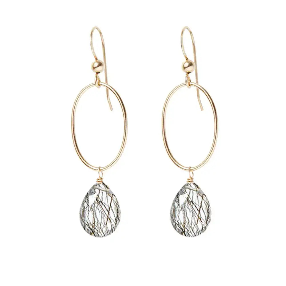Rutilated Quartz gemstone hoop earrings in 14K gold-fill, hand-cut golden-threaded clear stone, handmade in the USA variant--Gold-fill