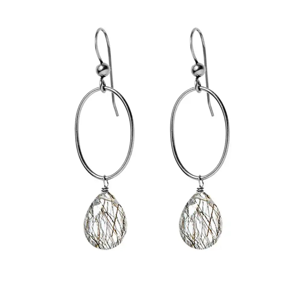 Rutilated Quartz gemstone hoop earrings in oxidized silver, hand-cut golden-threaded clear stone, handmade in the USA variant--Oxidized-sterling-silver