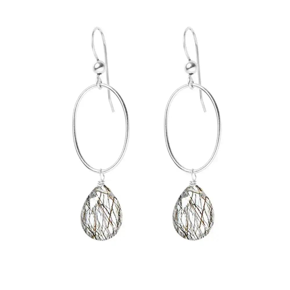 Rutilated Quartz gemstone hoop earrings in sterling silver, hand-cut golden-threaded clear stone, handmade in the USA variant--Sterling-silver