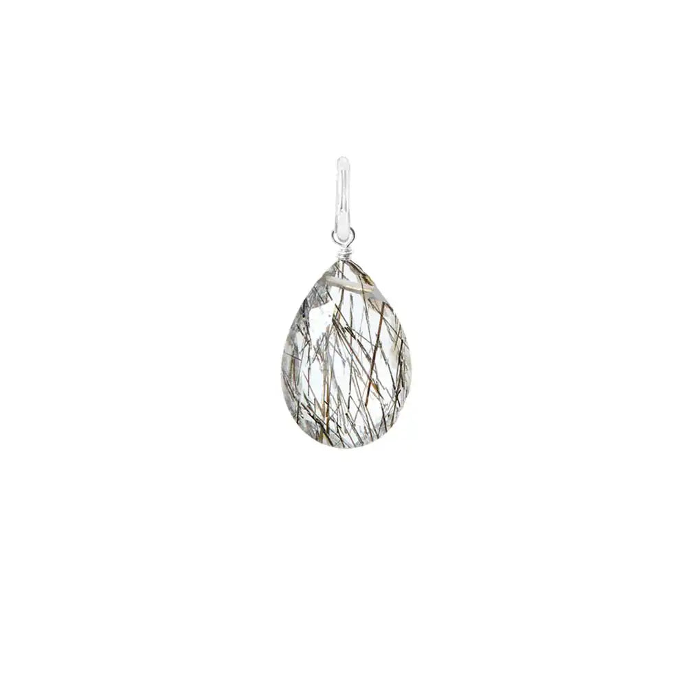 Natural rutilated quartz 11mm briolette charm in sterling silver, flat lay on neutral background variant--Sterling-silver variant--Large