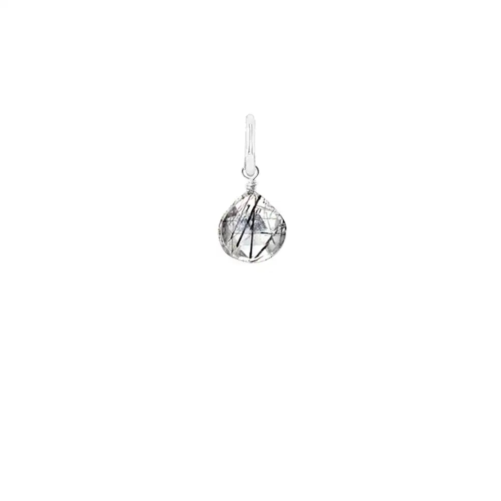 Natural rutilated quartz 8mm briolette charm in white gold, side view detail variant--Sterling-silver variant--Small