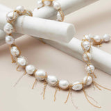 Baroque pearl fringe necklace with mixed metal chain