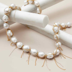 Baroque pearl fringe necklace with mixed metal chain