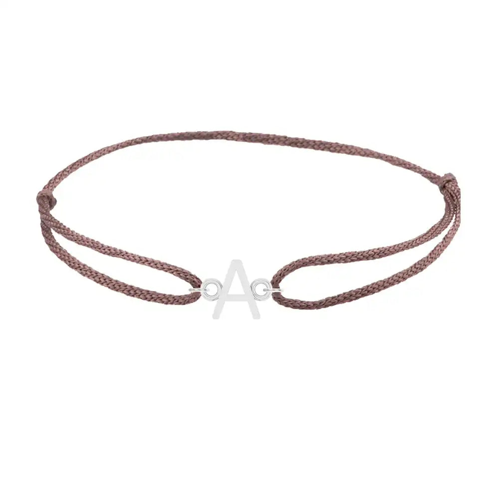Sans serif initial A silk bracelet in 14K white gold on brown silk