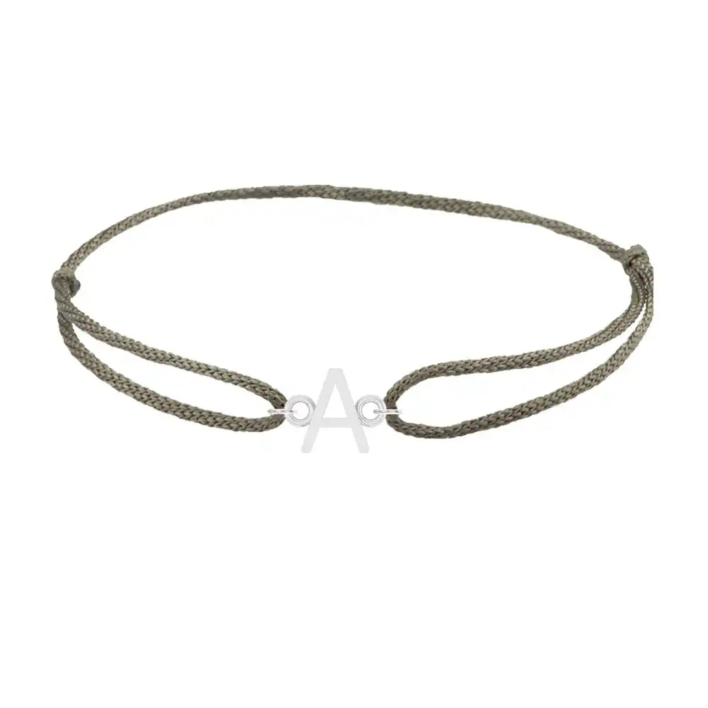 Sans serif initial A silk bracelet in 14K white gold on olive silk