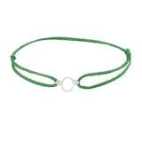 Sans serif initial C silk bracelet in 14K white gold on emerald silk
