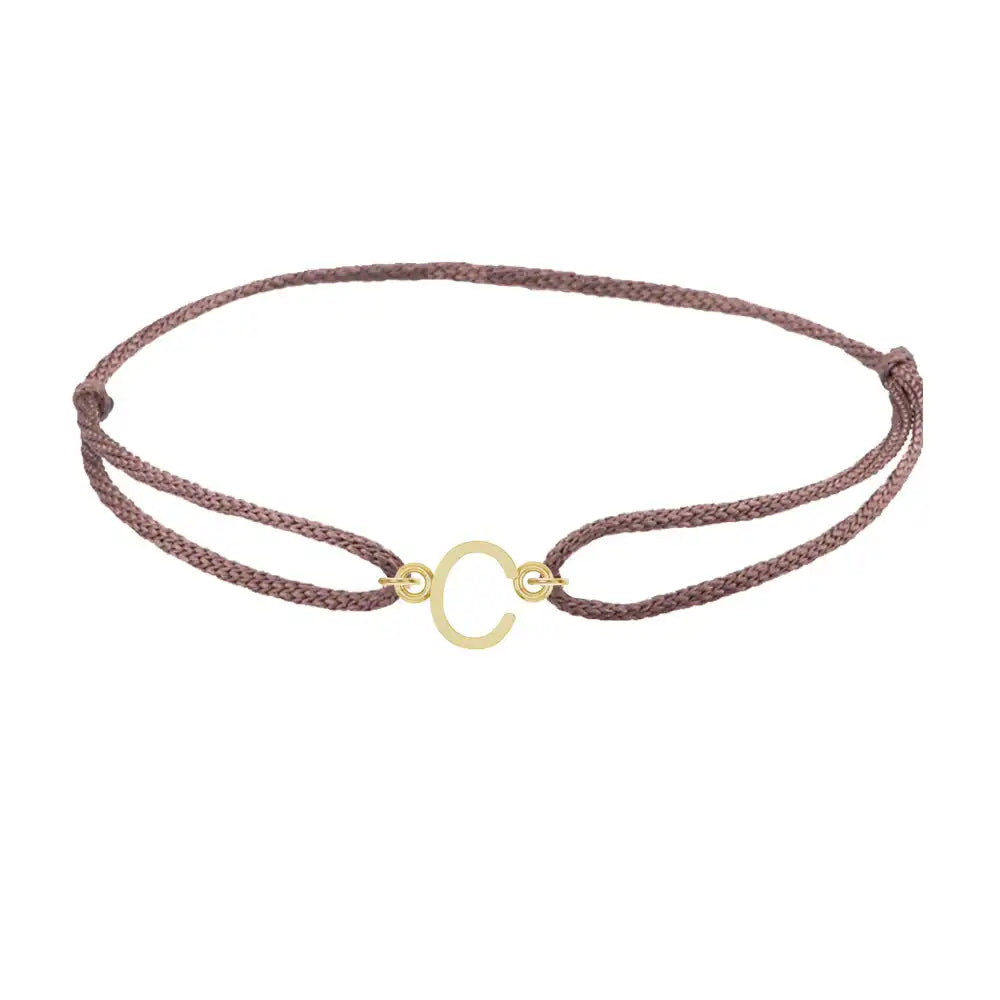 Sans serif initial C silk bracelet in 14K yellow gold on brown silk