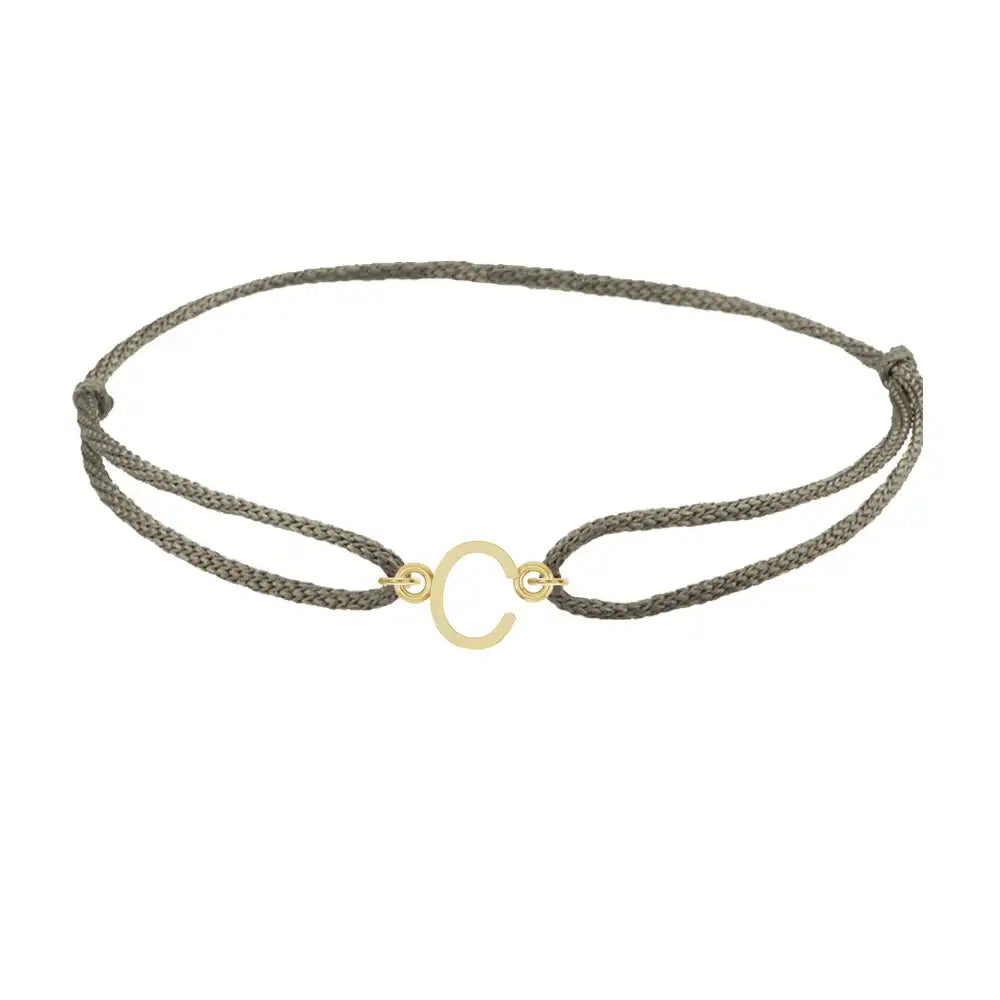 Sans serif initial C silk bracelet in 14K yellow gold on olive silk