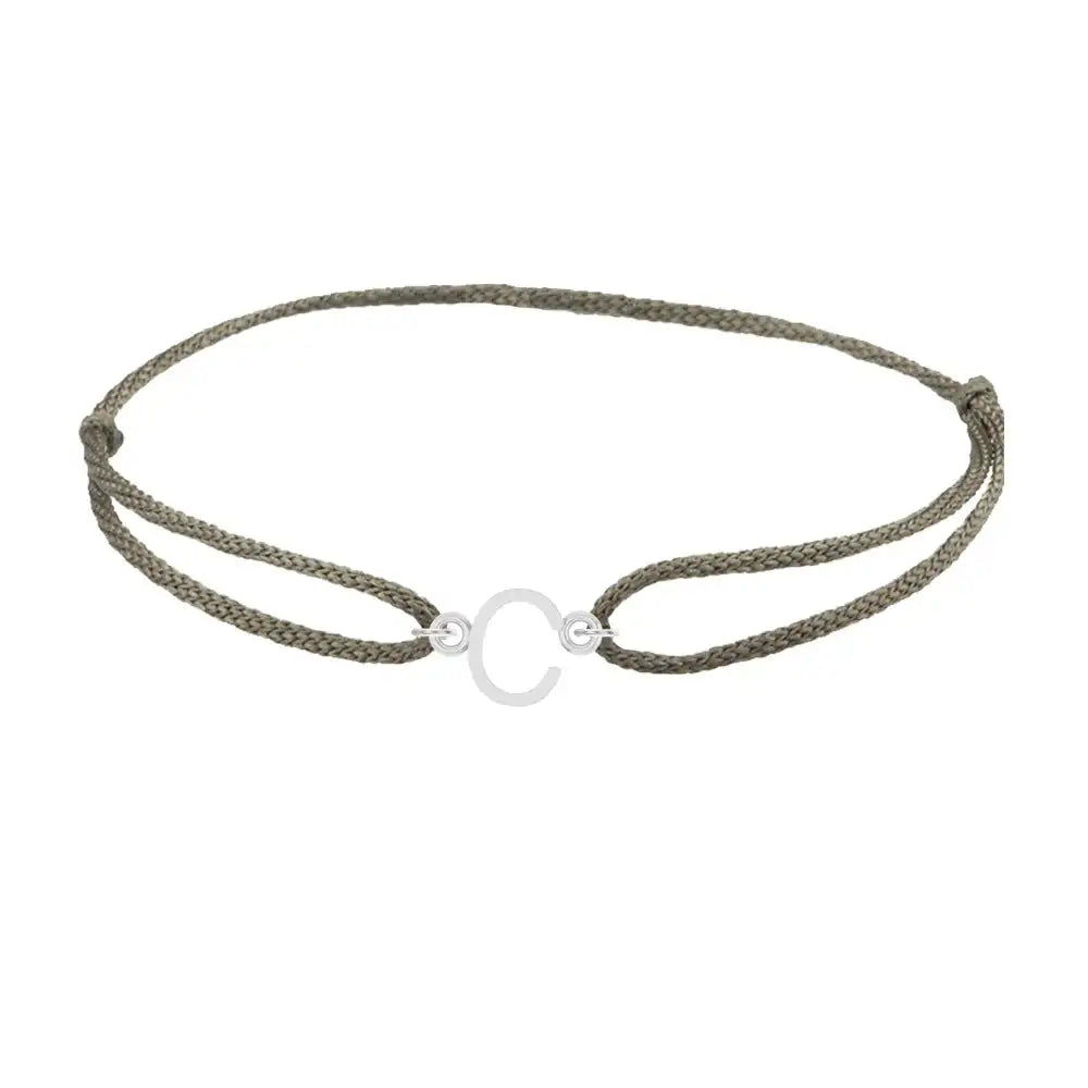 Sans serif initial C silk bracelet in sterling silver on olive silk