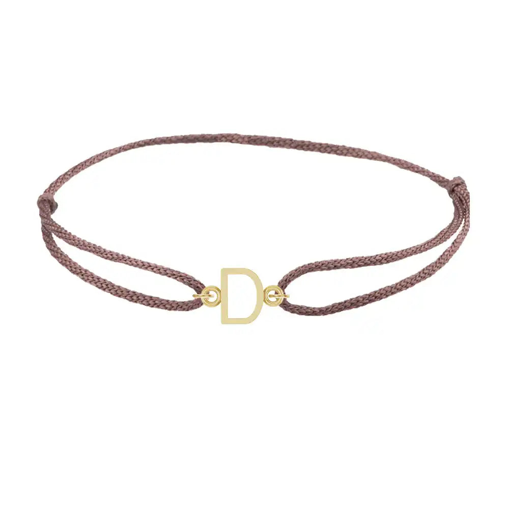 Sans serif initial D silk bracelet in 14K yellow gold on brown silk
