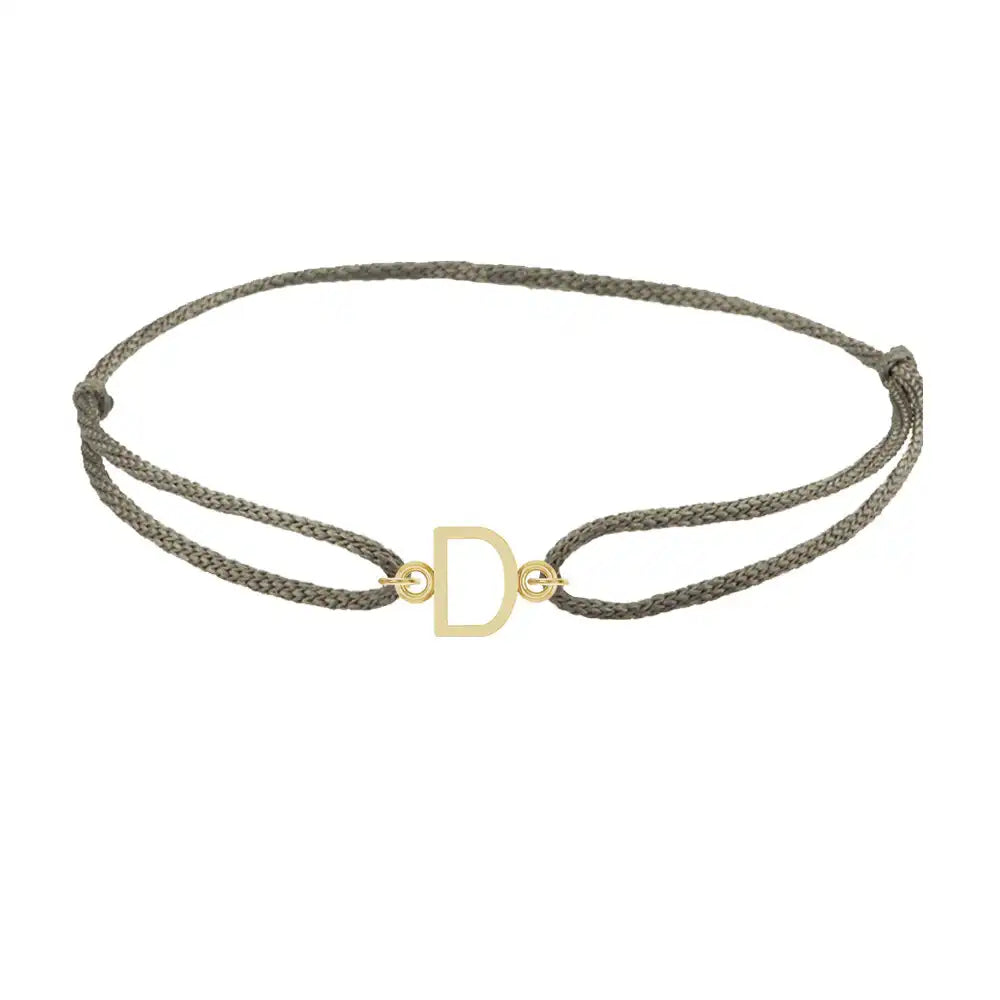 Sans serif initial D silk bracelet in 14K yellow gold on olive silk