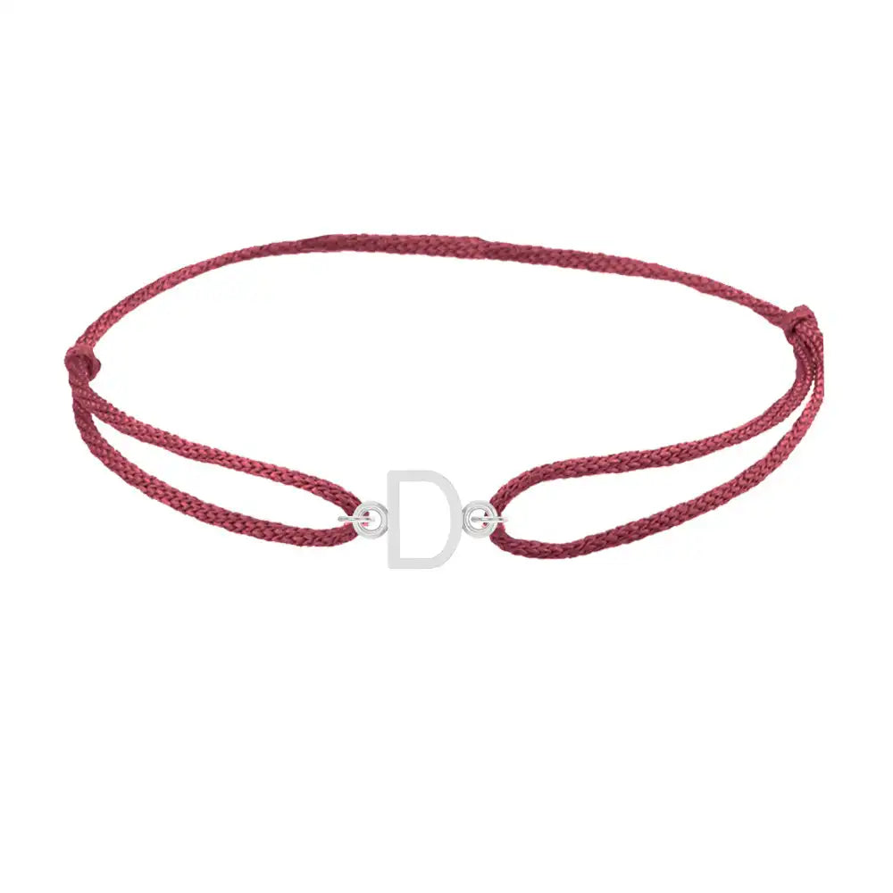 Sans serif initial D silk bracelet in sterling silver on burgundy silk
