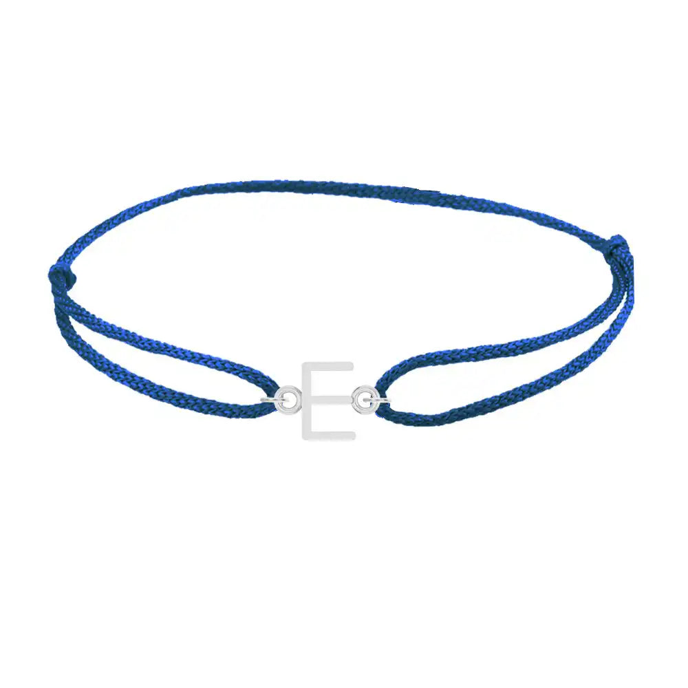 Sans serif initial E silk bracelet in 14K white gold on blue silk