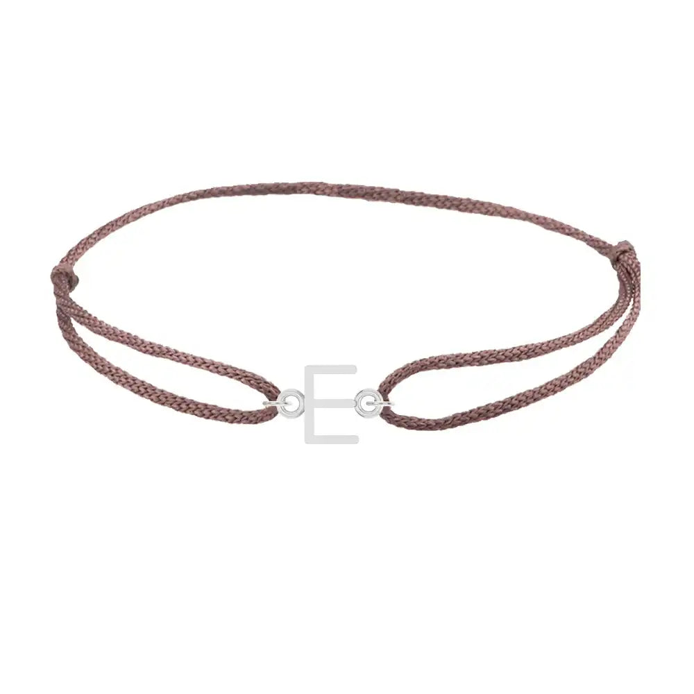 Sans serif initial E silk bracelet in sterling silver on brown silk
