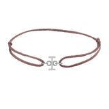 Sans serif initial I silk bracelet in sterling silver on brown silk