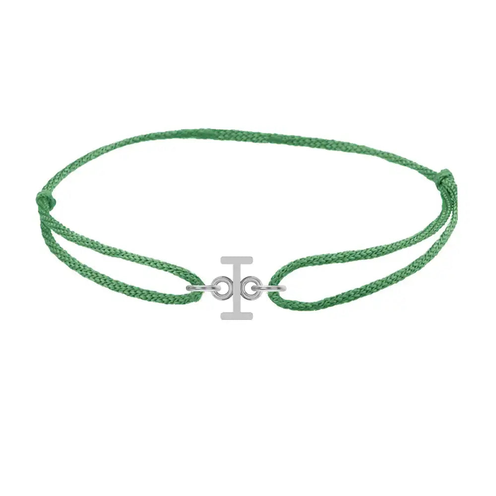 Sans serif initial I silk bracelet in sterling silver on emerald silk