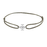 Sans serif initial I silk bracelet in sterling silver on olive silk