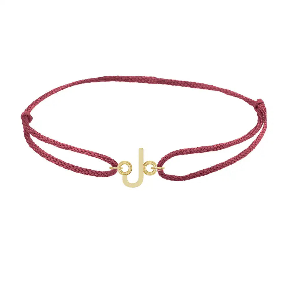 Sans serif initial J silk bracelet in 14K yellow gold on burgundy silk