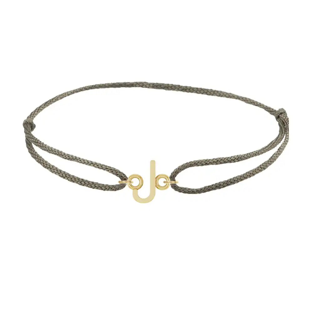 Sans serif initial J silk bracelet in 14K yellow gold on olive silk