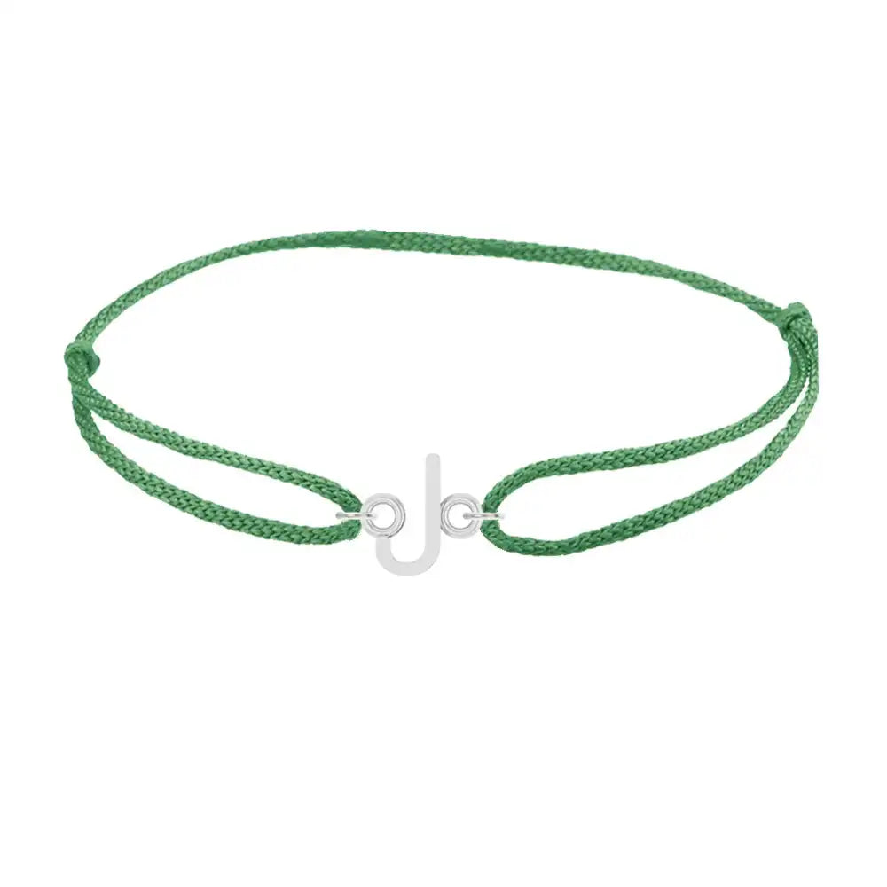 Sans serif initial J silk bracelet in sterling silver on emerald silk