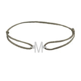 Sans serif initial M silk bracelet in 14K white gold on olive silk