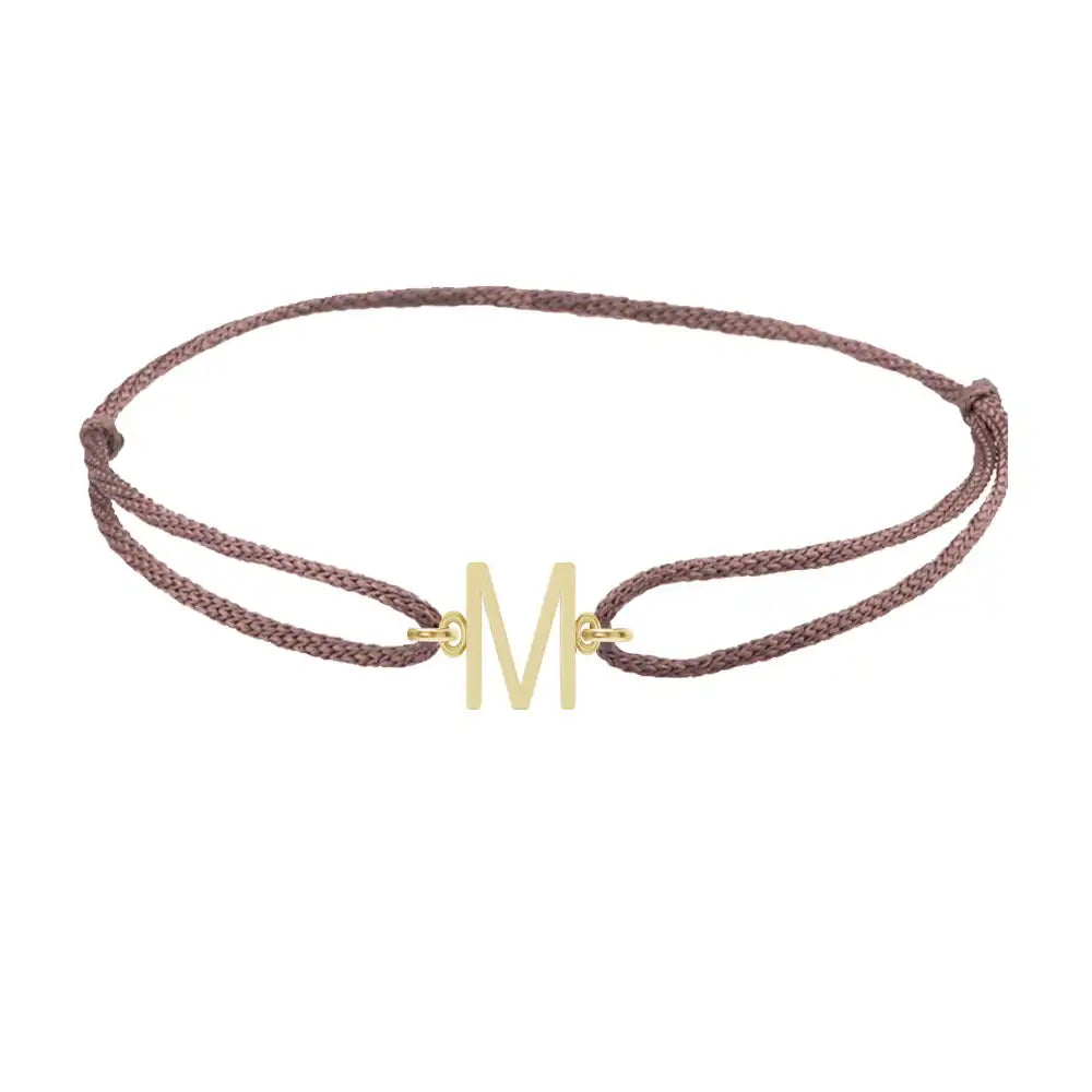 Sans serif initial M silk bracelet in 14K yellow gold on brown silk