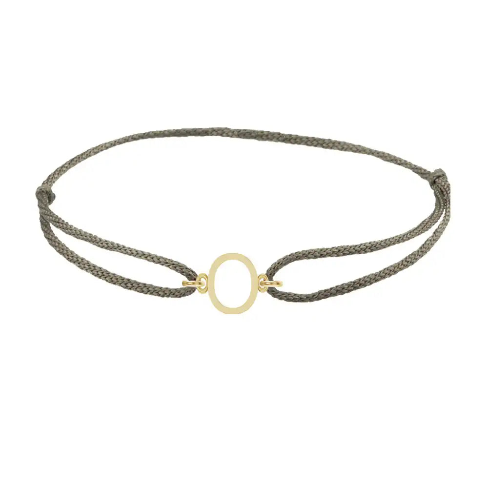 Sans serif initial O silk bracelet in 14K yellow gold on olive silk