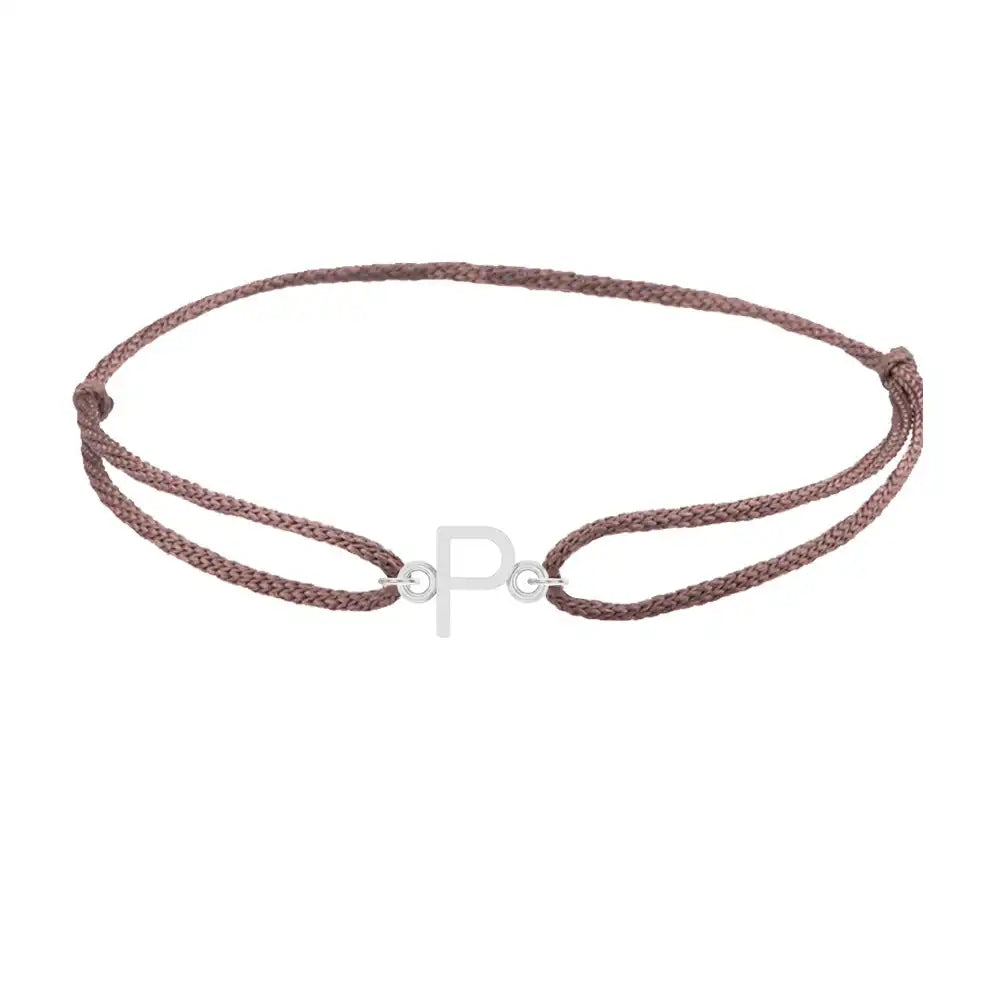 Sans serif initial P silk bracelet in 14K white gold on brown silk