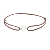 Sans serif initial P silk bracelet in sterling silver on brown silk