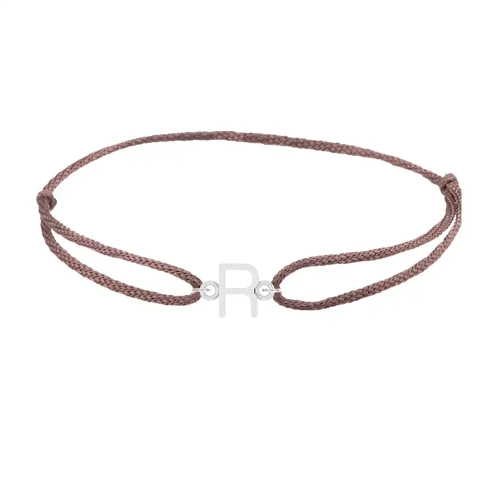 Sans serif initial R silk bracelet in 14K white gold on brown silk