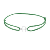 Sans serif initial R silk bracelet in sterling silver on emerald silk