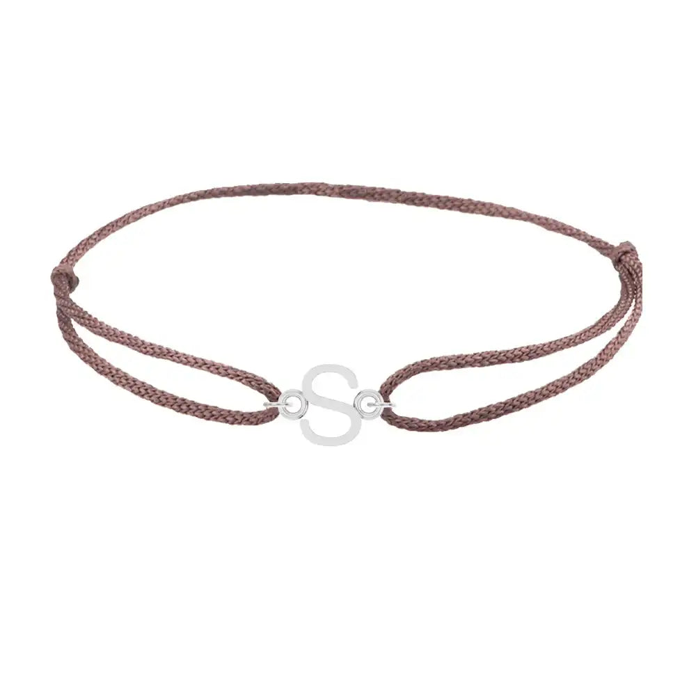 Sans serif initial S silk bracelet in sterling silver on brown silk