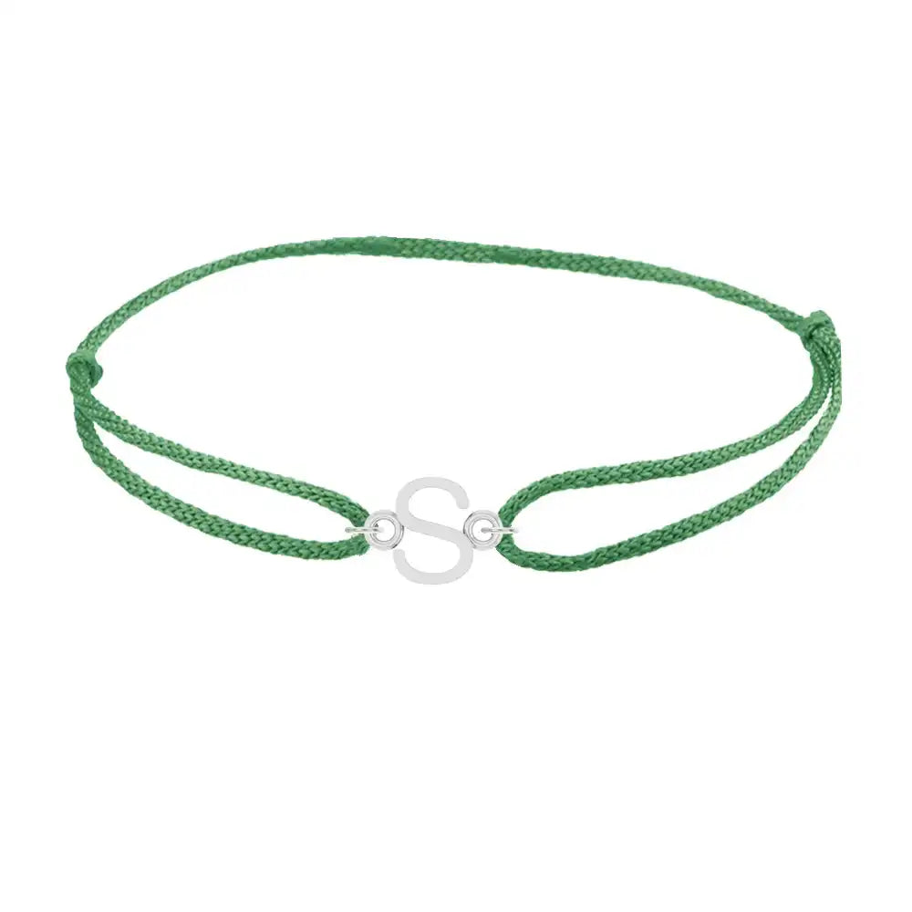 Sans serif initial S silk bracelet in sterling silver on emerald silk