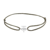 Sans serif initial T silk bracelet in 14K white gold on olive silk