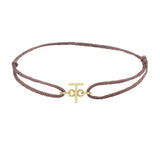 Sans serif initial T silk bracelet in 14K yellow gold on brown silk