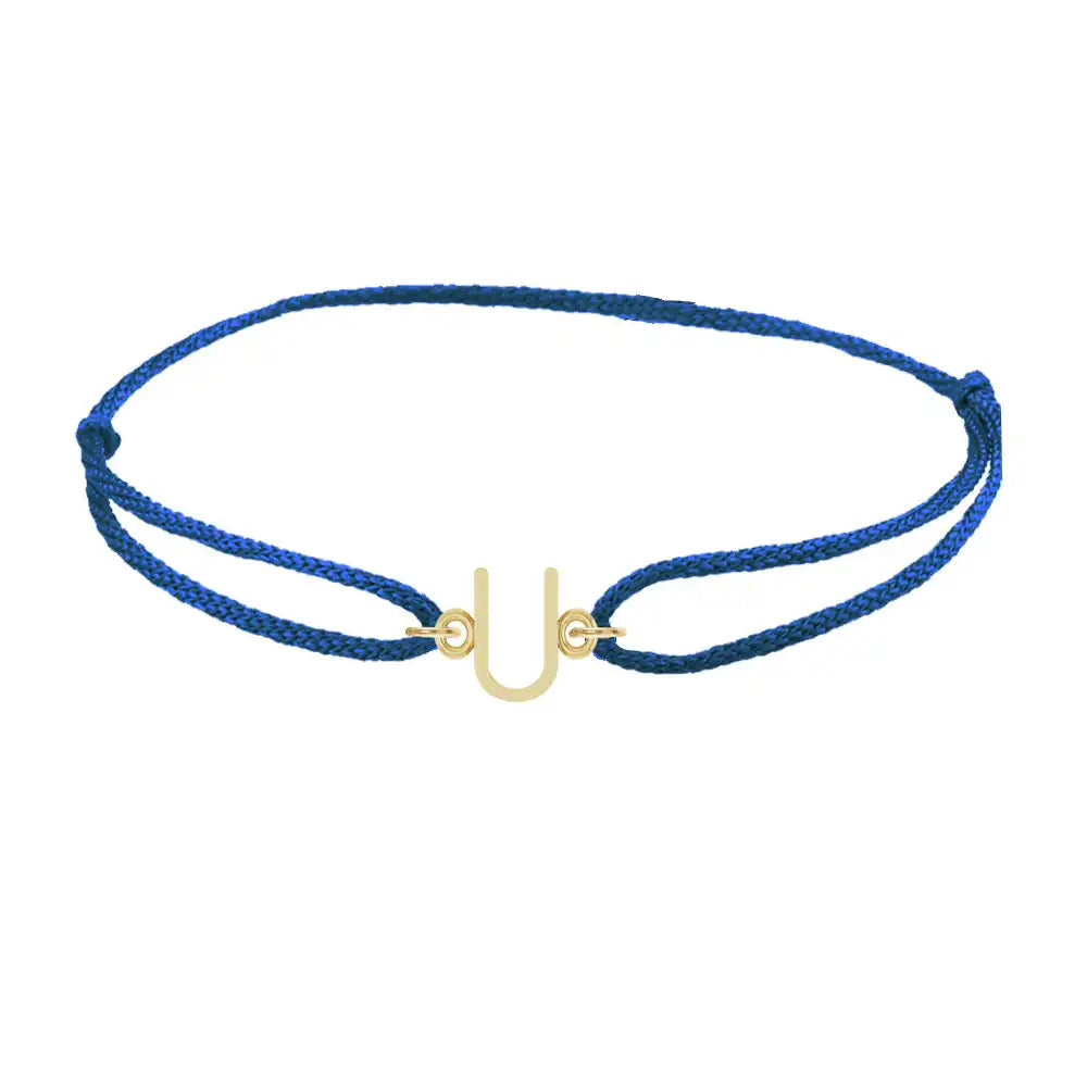 Sans serif initial U silk bracelet in 14K yellow gold on blue silk