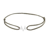 Sans serif initial V silk bracelet in 14K white gold on olive silk