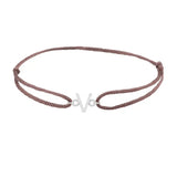 Sans serif initial V silk bracelet in sterling silver on brown silk