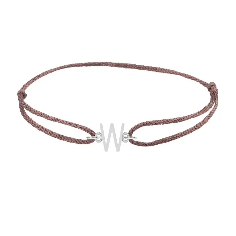 Sans serif initial W silk bracelet in 14K white gold on brown silk