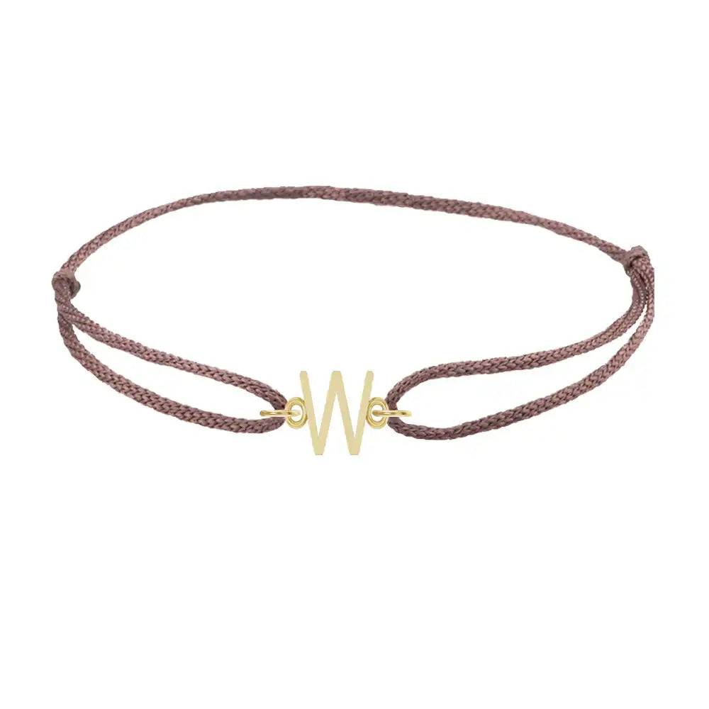 Sans serif initial W silk bracelet in 14K yellow gold on brown silk
