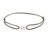 Sans serif initial X silk bracelet in 14K white gold on olive silk