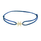 Sans serif initial X silk bracelet in 14K yellow gold on blue silk