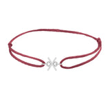 Sans serif initial X silk bracelet in sterling silver on burgundy silk