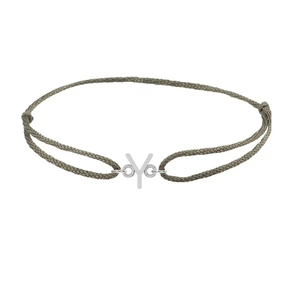 Sans serif initial Y silk bracelet in 14K white gold on olive silk