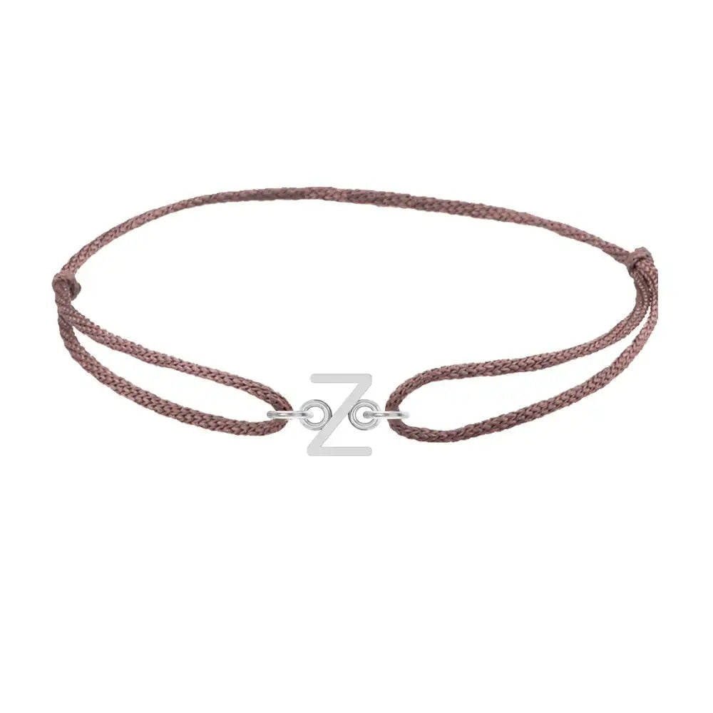 Sans serif initial Z silk bracelet in sterling silver on brown silk