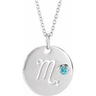 Scorpio symbol necklace with round zircon accent on adjustable silver chain
