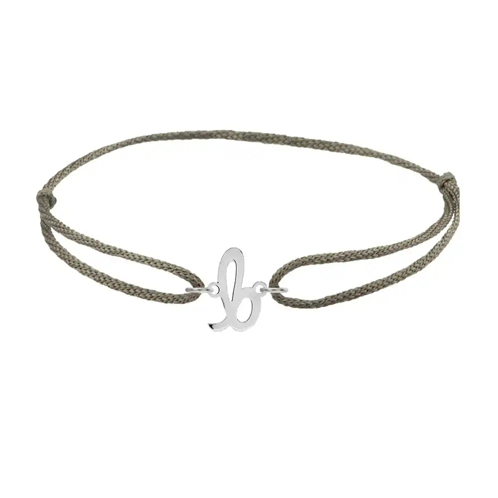 Script initial b silk bracelet in 14K white gold on olive silk