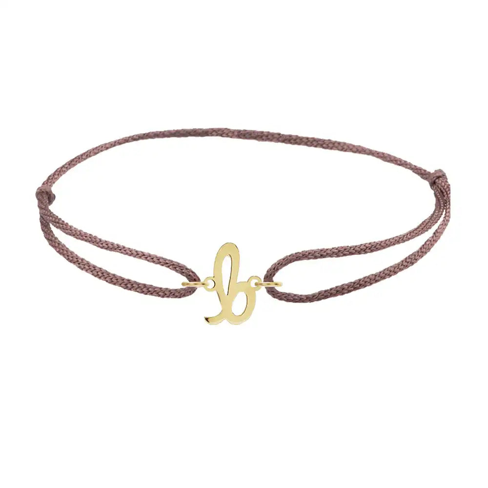 Script initial b silk bracelet in 14K yellow gold on brown silk