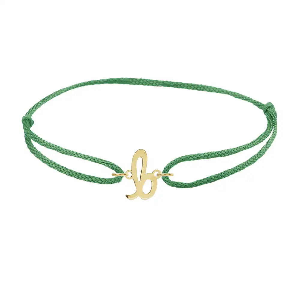 Script initial b silk bracelet in 14K yellow gold on emerald silk